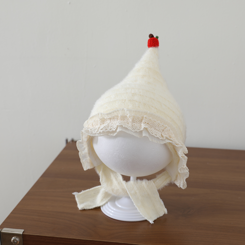 Sweet Style Baby Plush Pointed Hat With Baby Lace Trim And Drawstring Ear Protectors, Outdoor Warm Knitted Hat photo 5