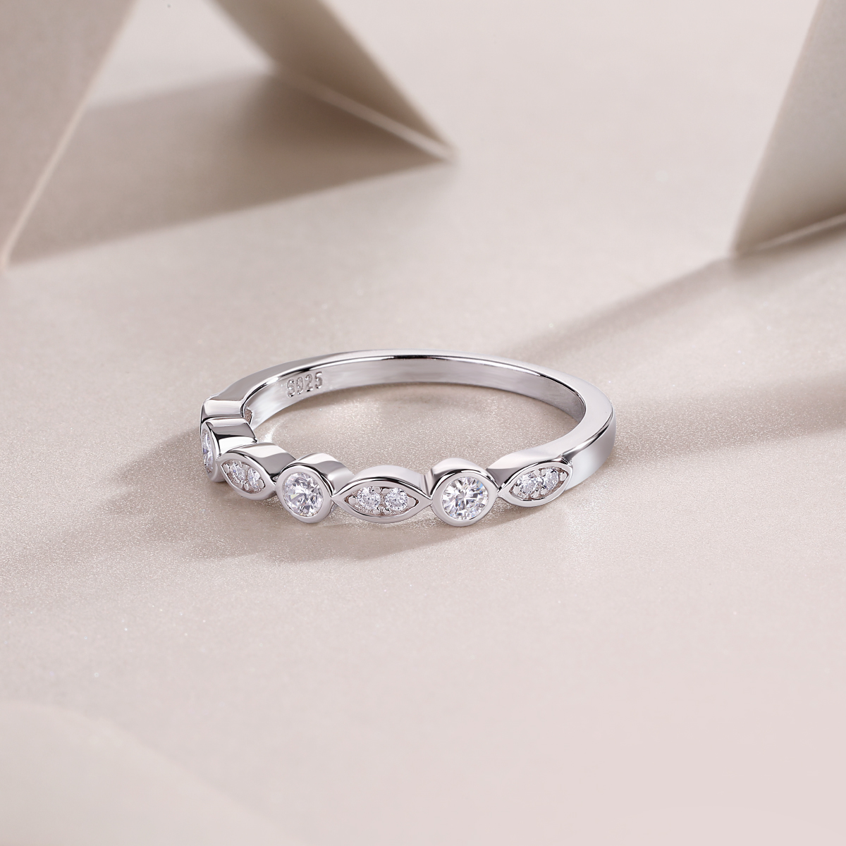 S925 Silver 1.8g Platinum Plated Moissanite Ring, 3.5mm Round & Marquise Bezel Half Eternity Band, GRA Certified US 5-9 photo 7