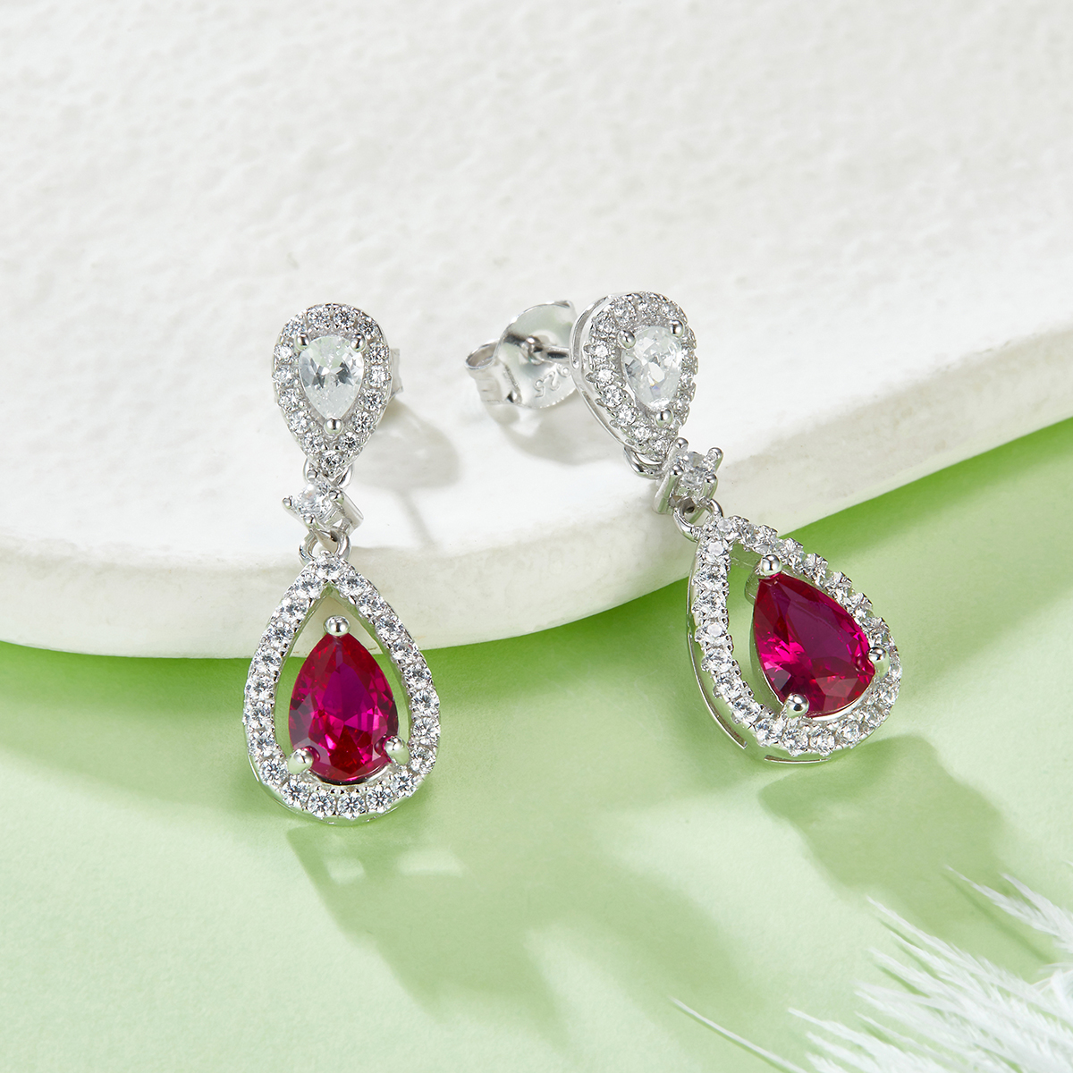 S925 Silver 3.9g Lab-Created Ruby Drop Earrings, 0.8ct 7x5mm Halo, Pair photo 2