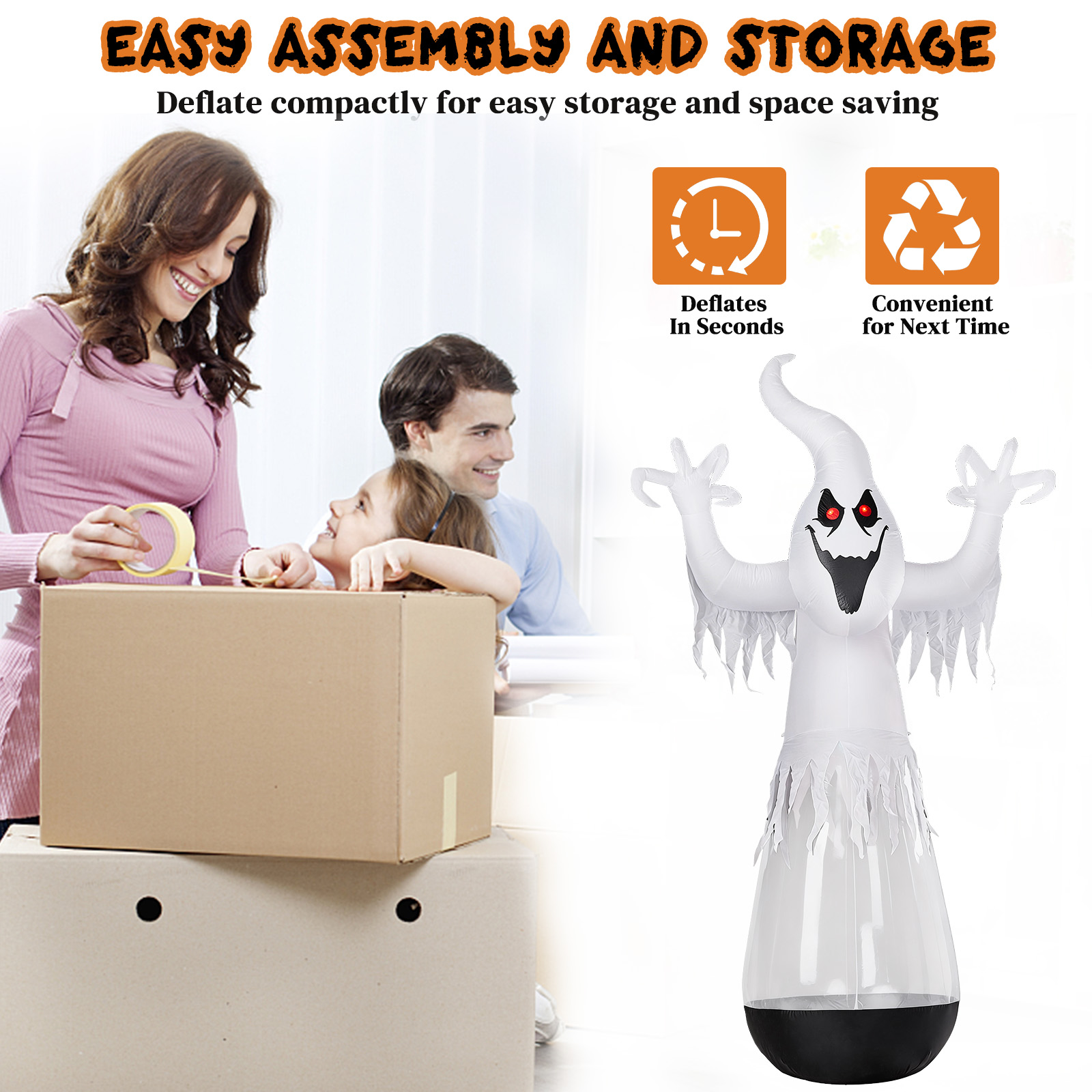 12ft Inflatable Halloween Decor Half-Body Clear PVC White Ghost With 2 LED Lights & 1 Stage Light,Black & White,12V 2000mA US Power Adapter photo 3