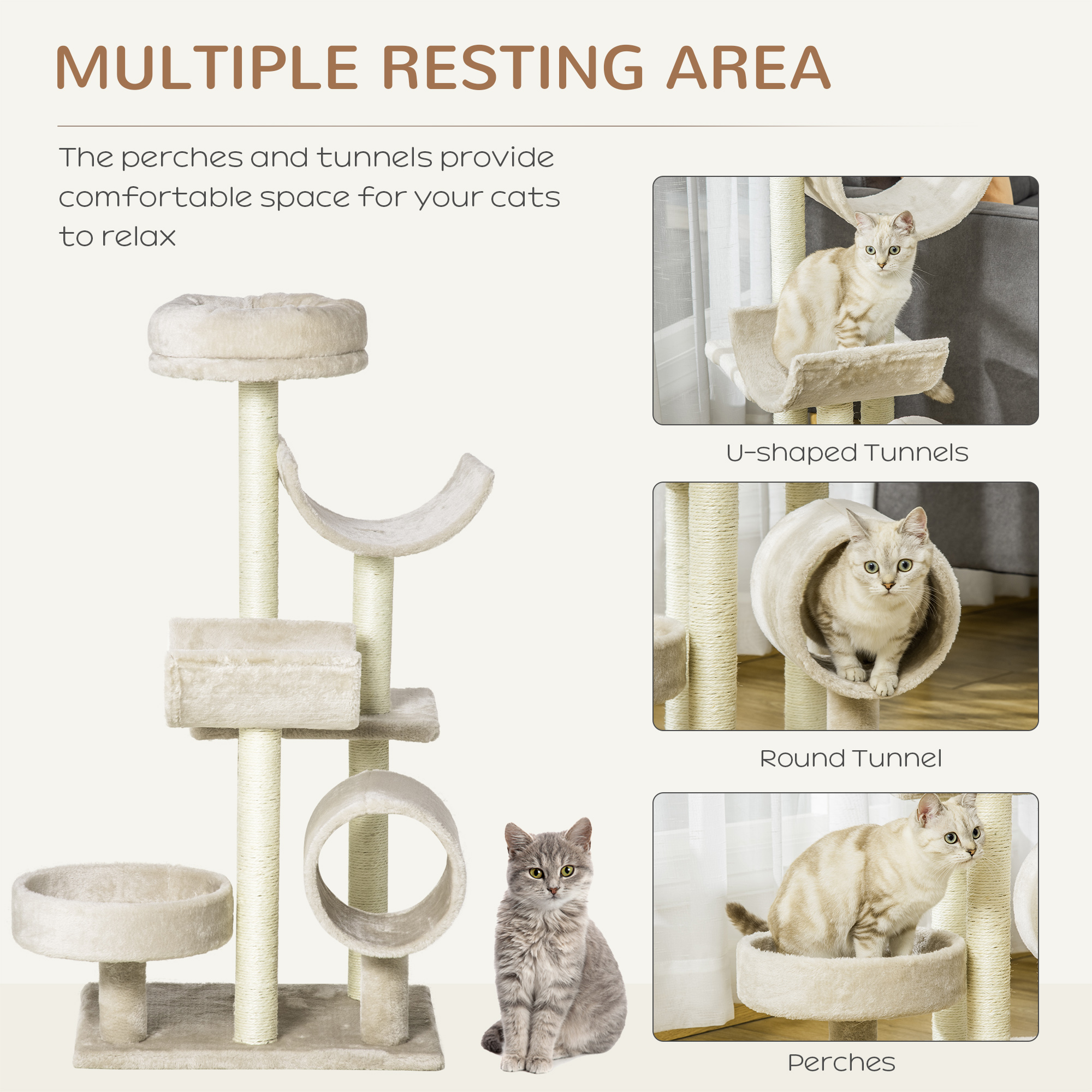 PawHut Cat Tree For Indoor Cats Kitten Pet Scratching Post Perch Activity Center Scratcher Climb Post Play House Arch With Tunnel 105cm Tall Beige photo 3