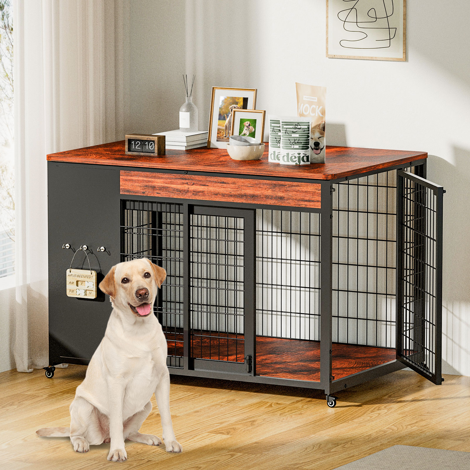 42-Inch Double Wide Wooden Double-Door Dog Crate Side Table Combo - Heavy-Duty DIY Assembly, Chew-Resistant Construction, Indoor Living Room Functional Home Decor Furniture For Large Breeds photo 8