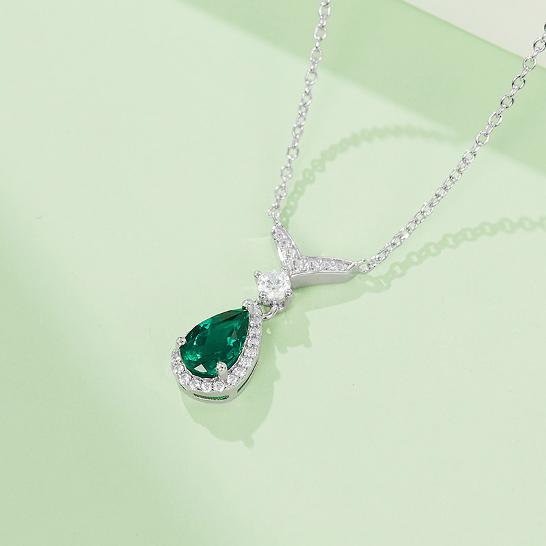 S925 Silver 2.5g 0.73ct Lab-Created Emerald Necklace, 5x5mm Teardrop Pendant, 40&5cm photo 2