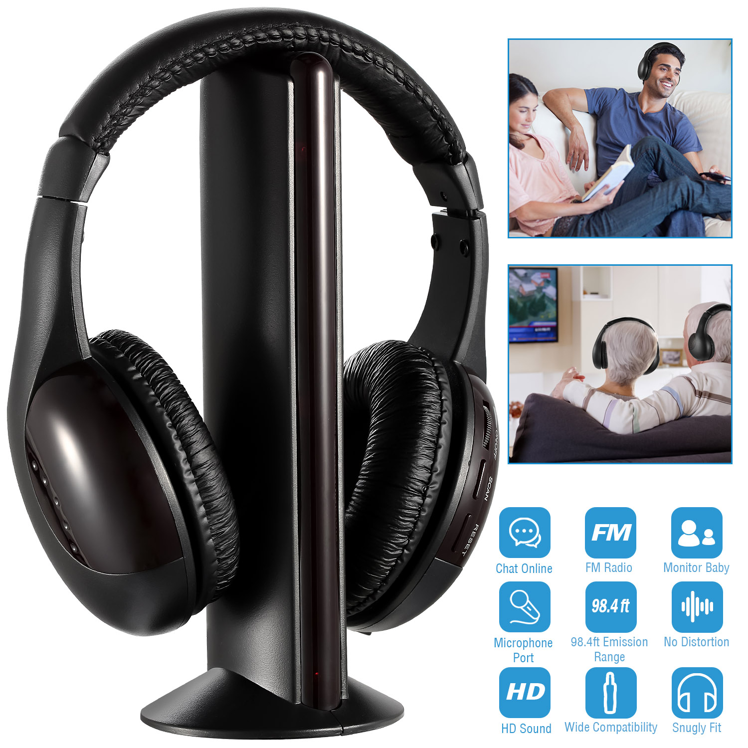 Wireless RF Headphones HiFi Over Ear Headsets RF Transmitter Receiver With MicY-shaped Cable Monitoring Earphone 98.4ft Range For TV Radio CD photo 1