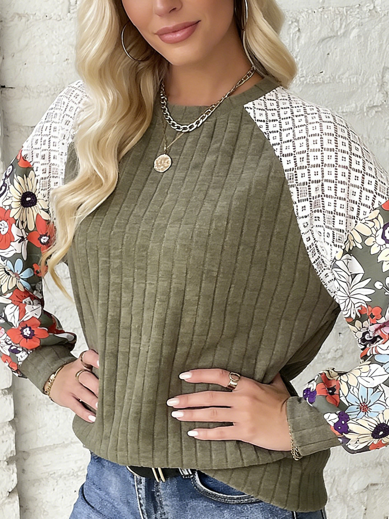 Women's Ribbed Knit Top With Floral Lace Raglan Sleeves Casual Loose Fit Crew Neck Blouse photo 4
