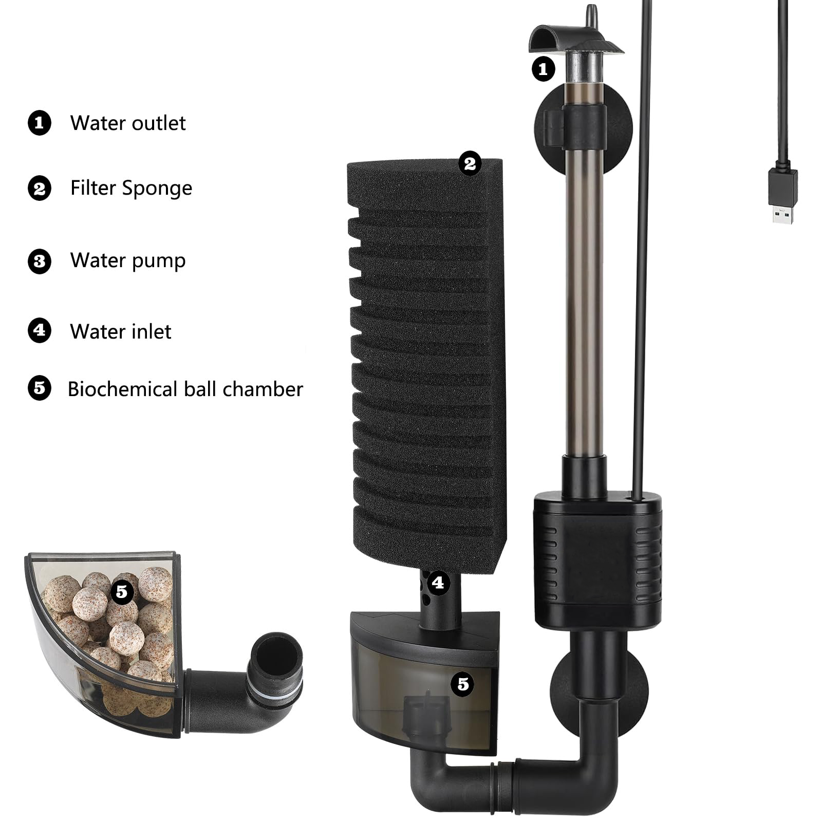 Aquarium USB Filter Sponge Fish Tank Quiet Bubble Filter With 1 Bag Of Filtered Ceramic Balls For Salt Water And Fresh Water photo 5