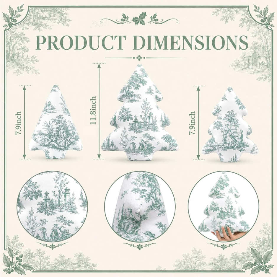 3 Pcs Sage Green Toile Christmas Tree Pillows Vintage Cushion Decor photo 4