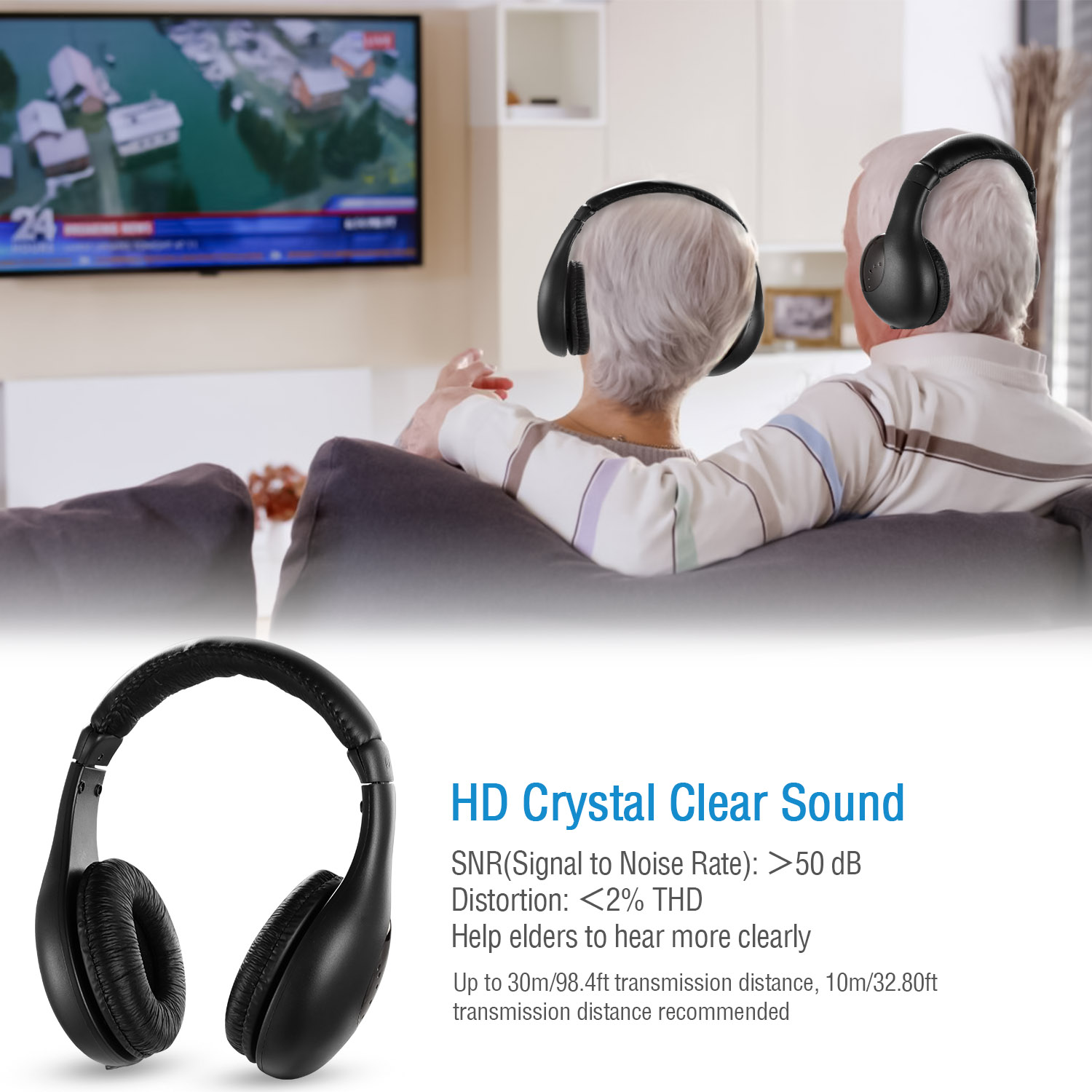 Wireless RF Headphones HiFi Over Ear Headsets RF Transmitter Receiver With MicY-shaped Cable Monitoring Earphone 98.4ft Range For TV Radio CD photo 8