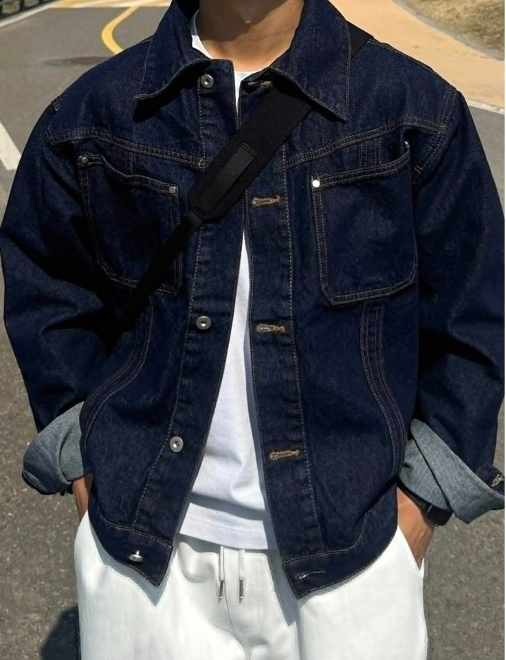 Dark Indigo Denim Jacket Men Multi Pocket Casual Jean Jacket Contrast  USA Warehouse Stock photo 3