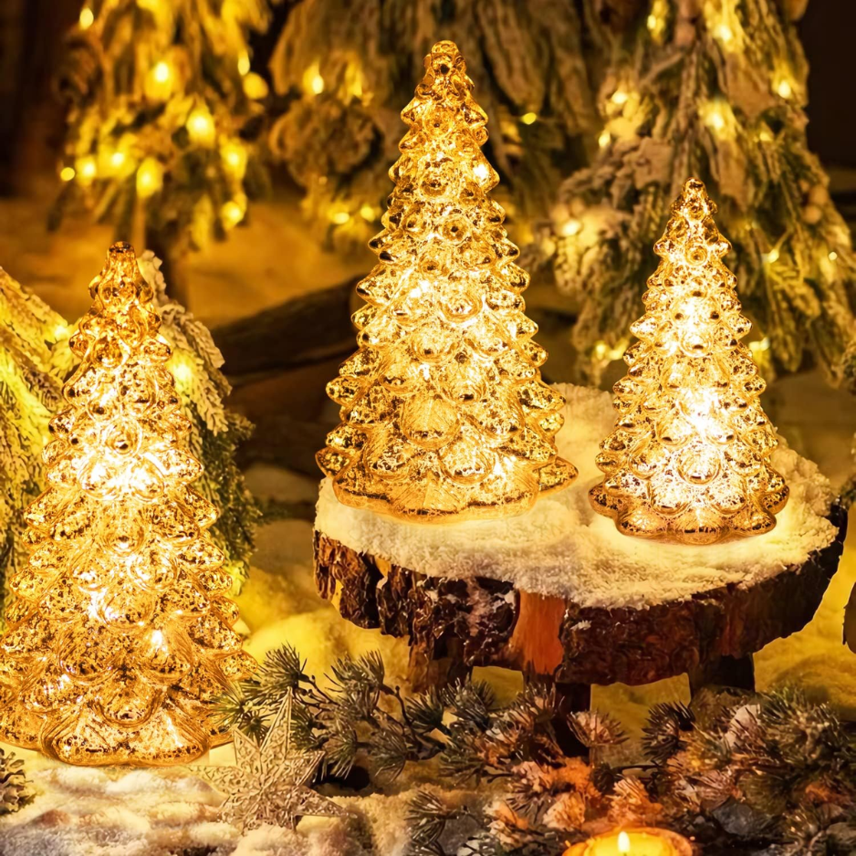 Lighted Glass Christmas Tree Figurine With Timer Set Of 3 Mercury Glass Christmas Decoration photo 5