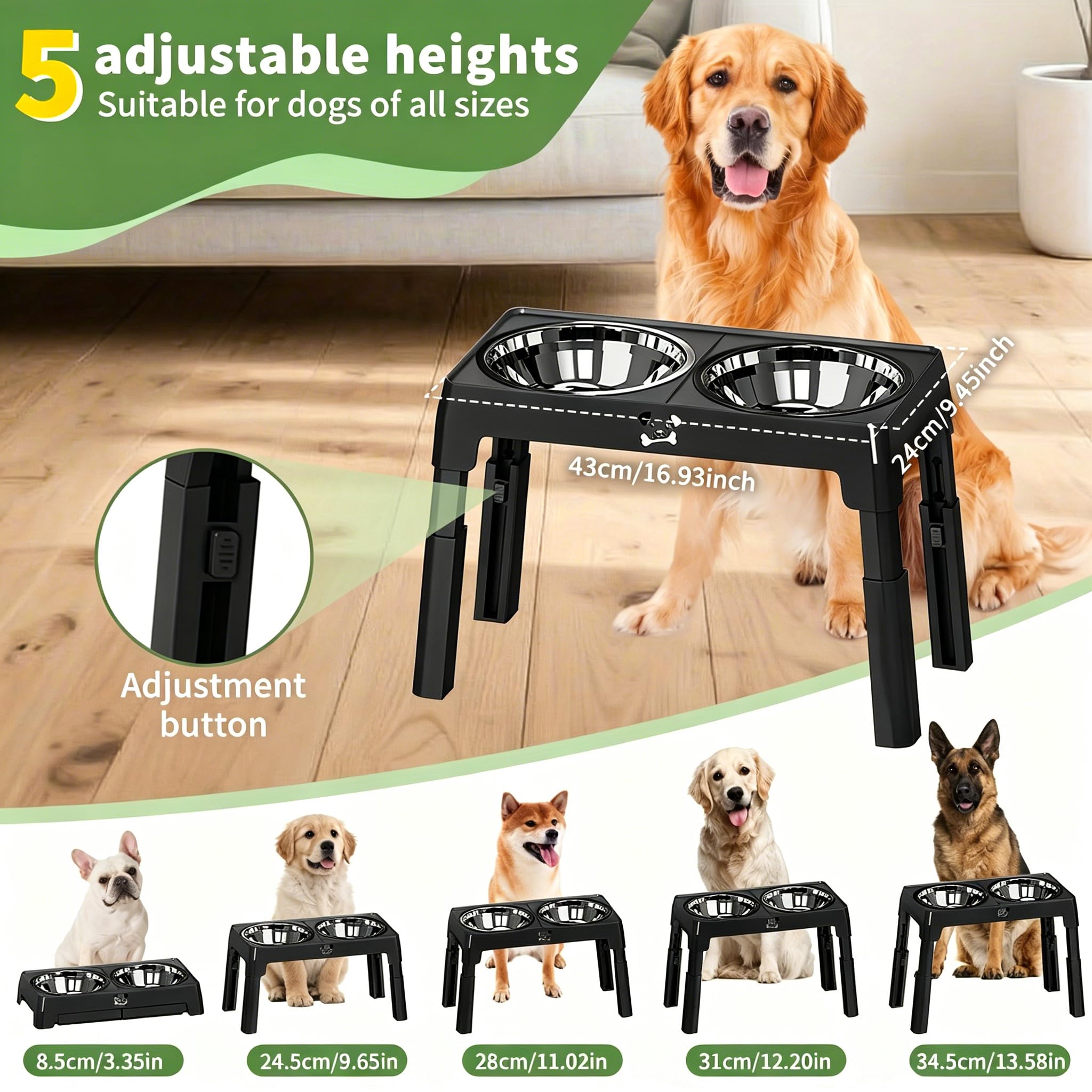 Elevated Dog Bowl 2 Stainless Steel Bowls, 5 Height Adjustable Stands Pet Medium And Large Dog Bowl Improves Digestion And Neck Support, Easy To Clean photo 5