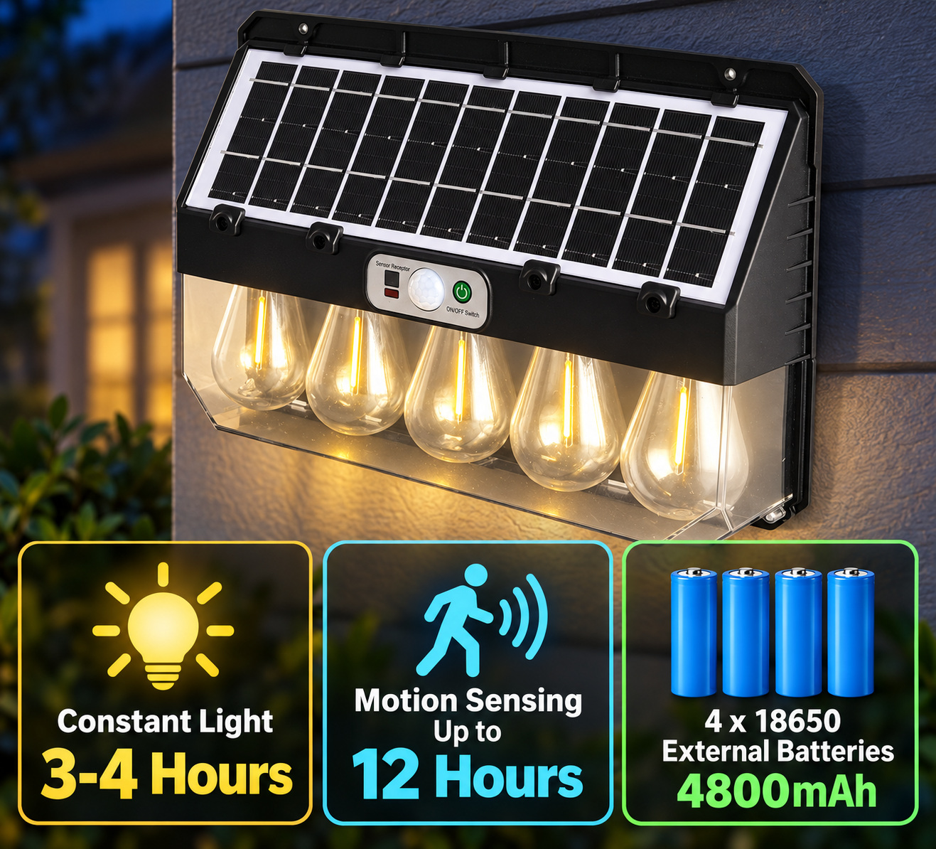 Solar Powered Rechargeable Motion Sensor LED Work Light 4800mAh For Auto W7116 5 Battery Street photo 3