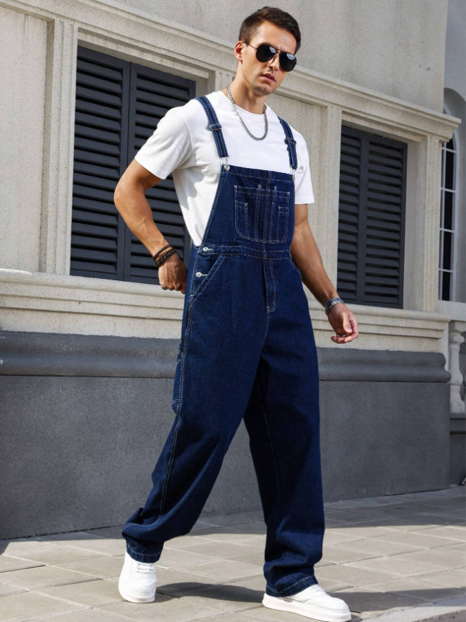 Men's Denim Overalls Loose Fit Carpenter Bib Pants Workwear Jeans Streetwear Ready Stock photo 7