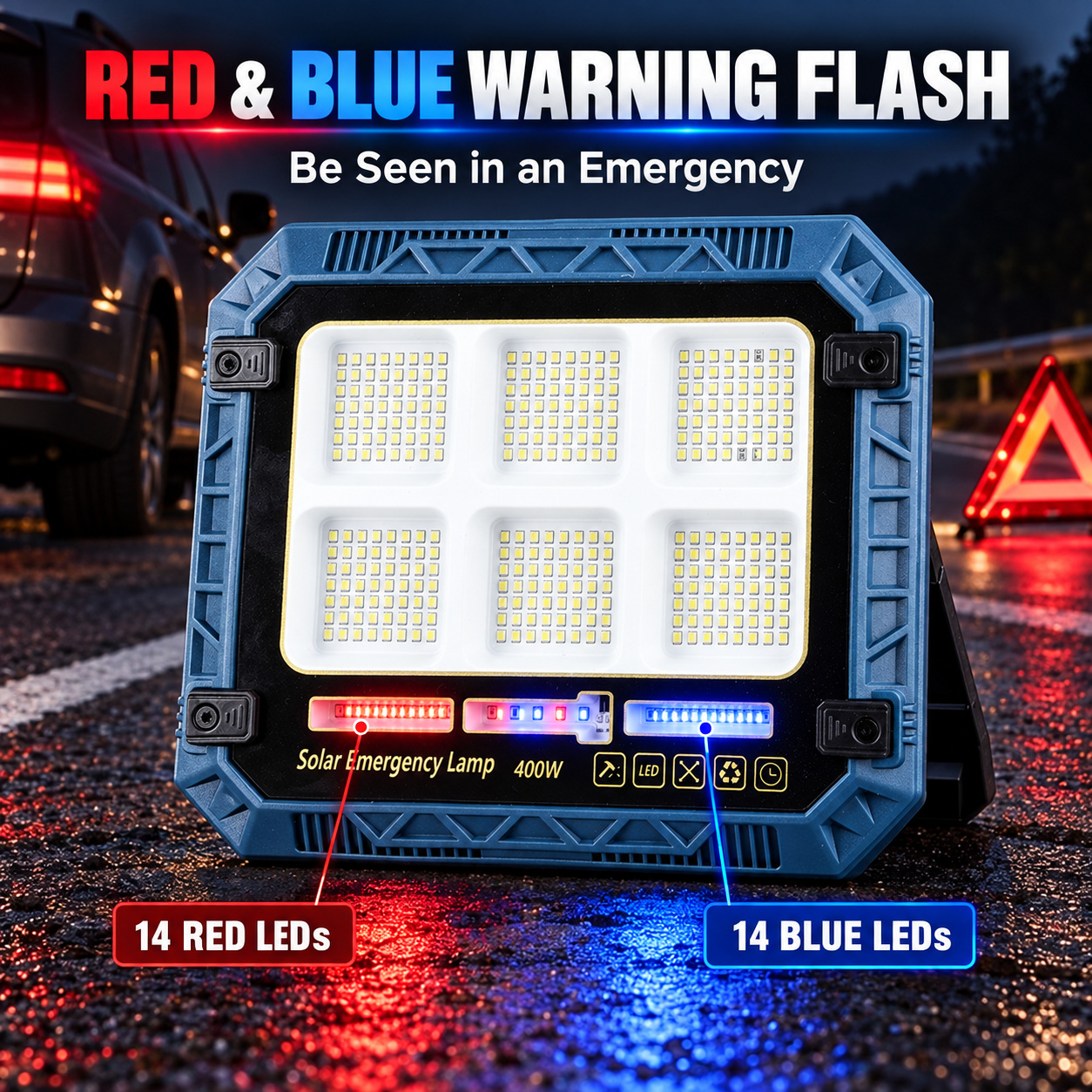Solar Powered Rechargeable Battery Display 18650 W8113 3 Red Blue Warning LED Flood Light SMD photo 2