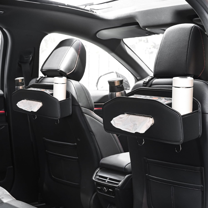 Car Seat Back Organizer With 2 Drink Cup Holder, Car Tissue Holder And Storage Box Hook, 3 In 1 Multifunctional Storage For Food Drink Phone, Travel Accessories Black photo 3