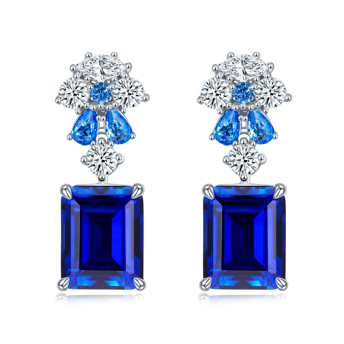 S925 Silver 6.5g 8ct Lab-Created Sapphire Drop Earrings, 10x8mm Emerald Cut, Pair photo 1