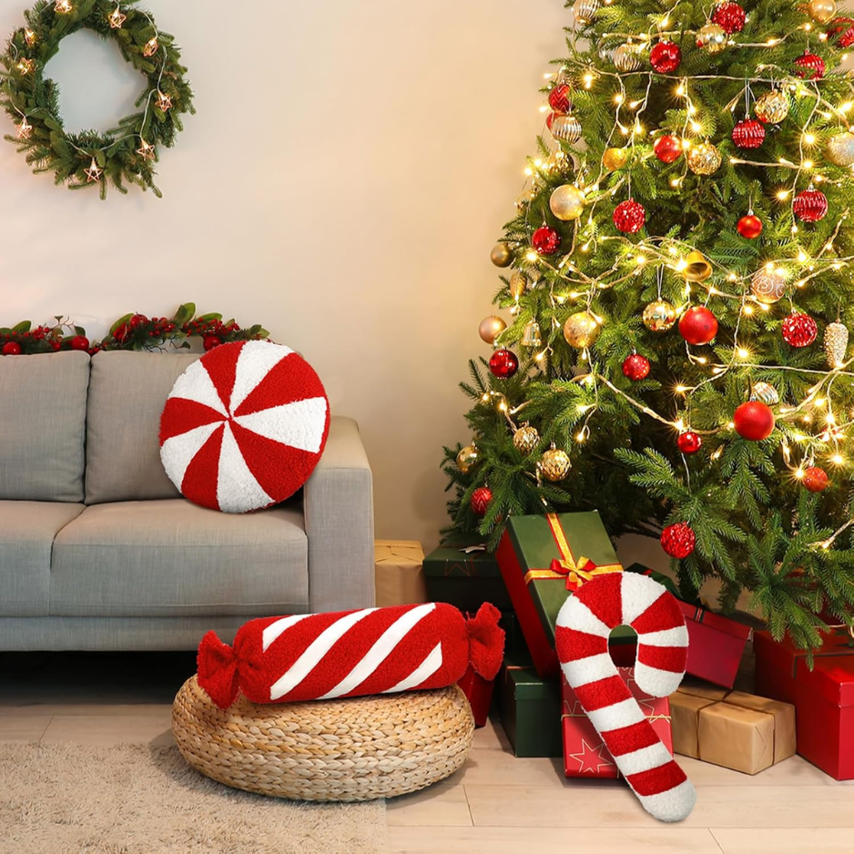 3Pcs Christmas Red Candy Shape Throw Pillows, Festive Holiday Decor photo 6