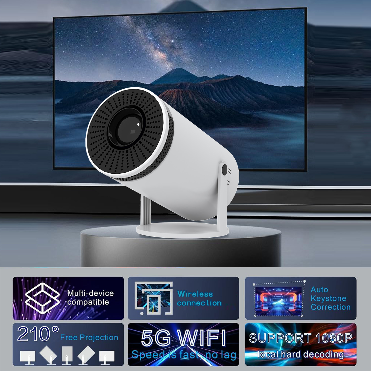 Smart Portable  Theater Projector With Trapezoidal Image Correction,  Wifi 6 Support, Android 12 And Multiple Ports, Mini Size For Phone And Laptop photo 8