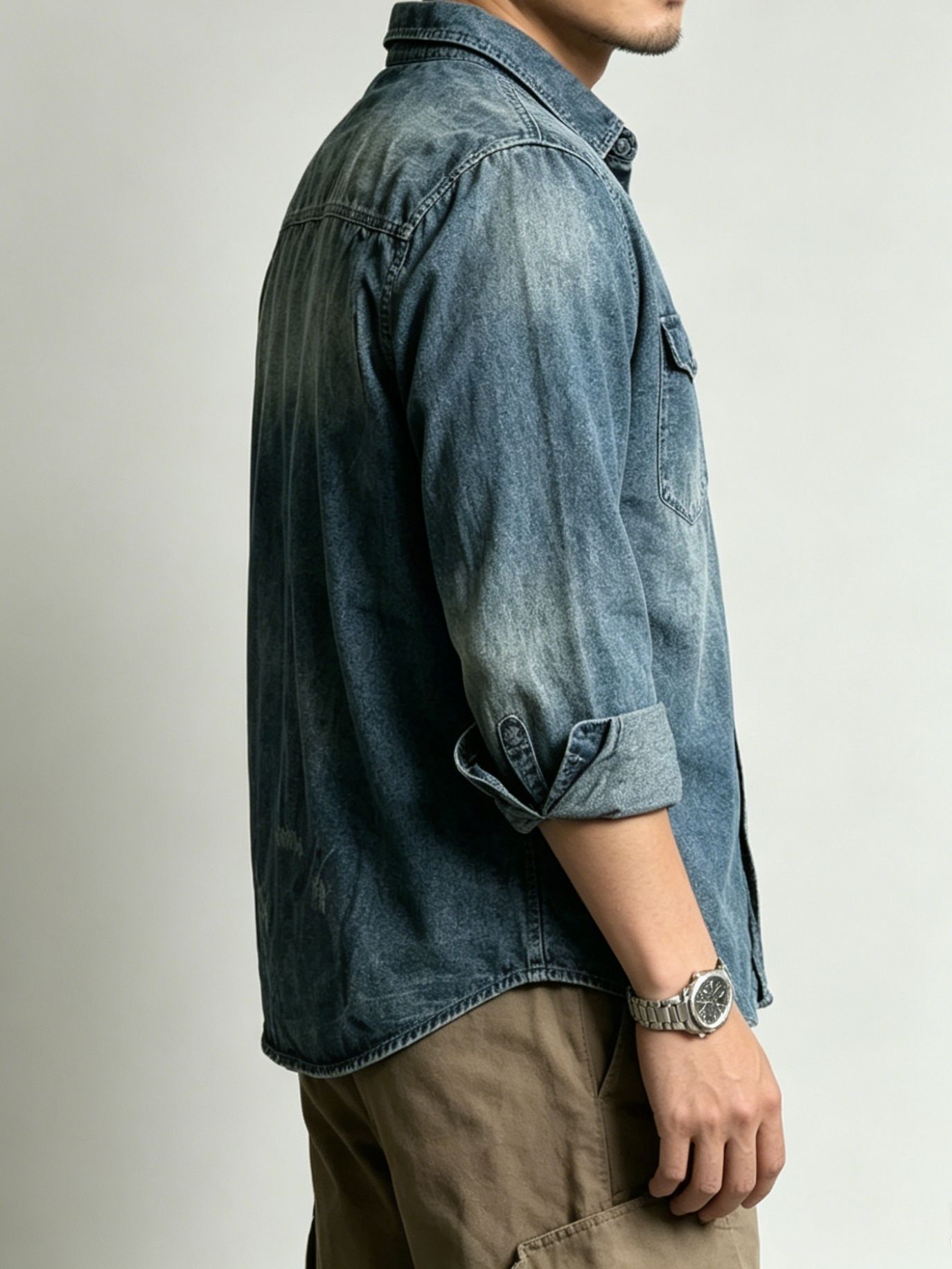 Vintage Western Denim Shirt Men Distressed Long Sleeve Washed Jean Shirt US Warehouse Stock photo 6