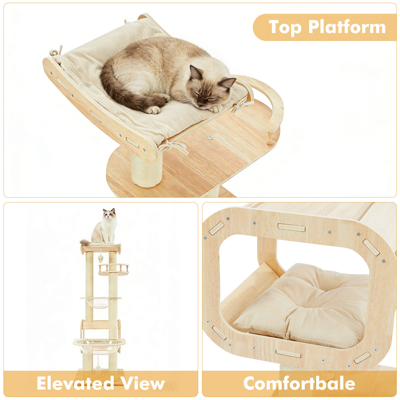Heavy-Duty No-Drill 4-Story Cat Tree-Solid Wood Multi-Story Boards, Multi-Column Design, 55.9in Cat Tower With Open Condo, Double Space Capsules & Perch, Indoor Cat Furniture For Multi-Cat Families photo 2