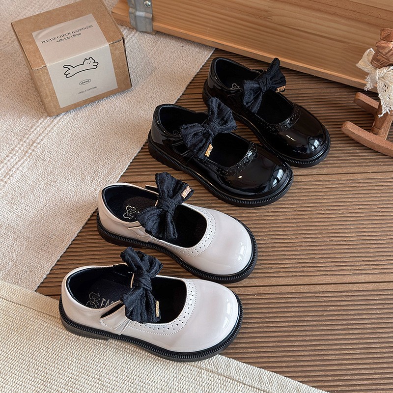 2026 Spring New Kids Leather Shoes, Stylish Black Bow Princess Mary Jane Flat Shoes For Girls photo 4