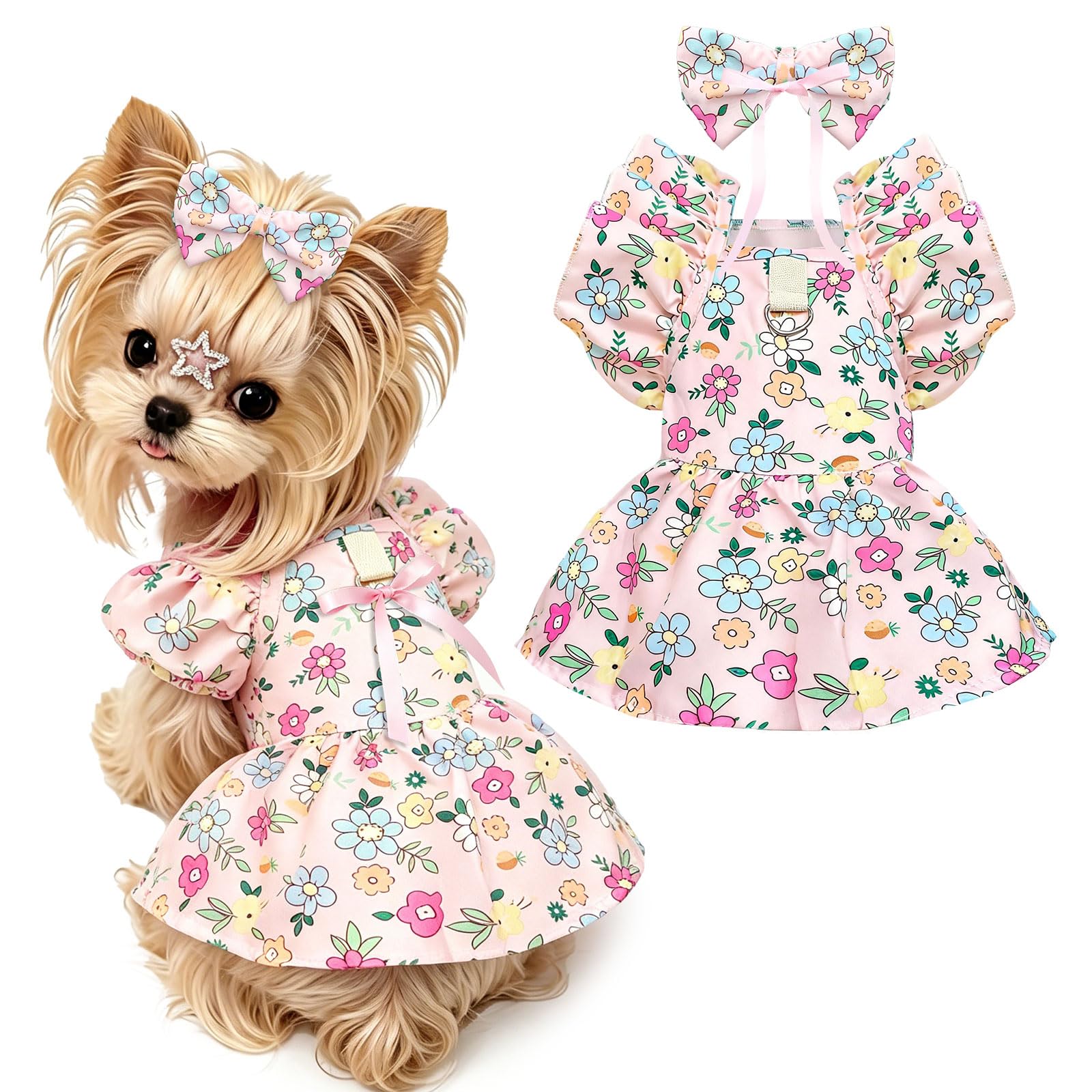 Cute Floral Small Dog Cat Harness Dress Outfits With Bow & Leash D-Ring,Soft Breathable Summer Ruffle Puppy Clothes Girl,3-Way Styling Female Dog Clothes For Chihuahua Yorkie Maltese photo 2