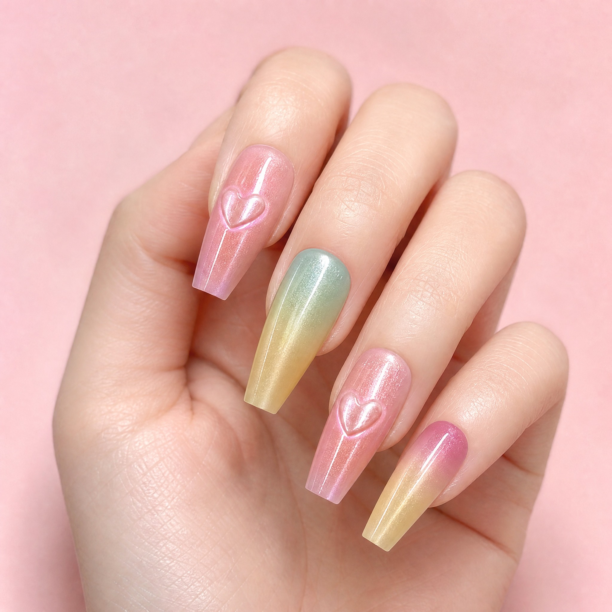 Macaron Cat-Eye Heart Press-On Nails photo 2