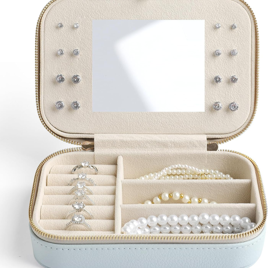 Genuine Leather Travel Jewelry Organizer Case With Mirror For Women, Small Mini Portable Jewelry Box For Ring Earrings Necklace Bracelet Luxury Gift For Women photo 3