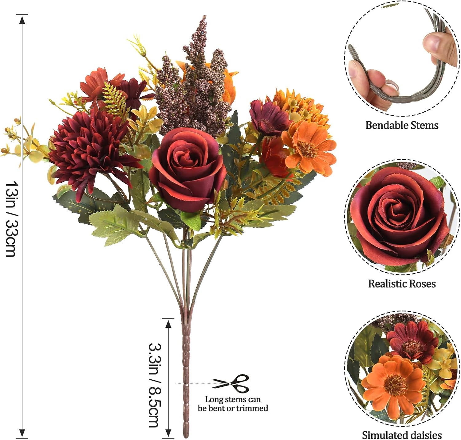 Artificial Fall Flowers 2 Units, Silk Rose Bouquets For Autumn Decor, Vase Arrangements, Home, Wedding And Table Display photo 2