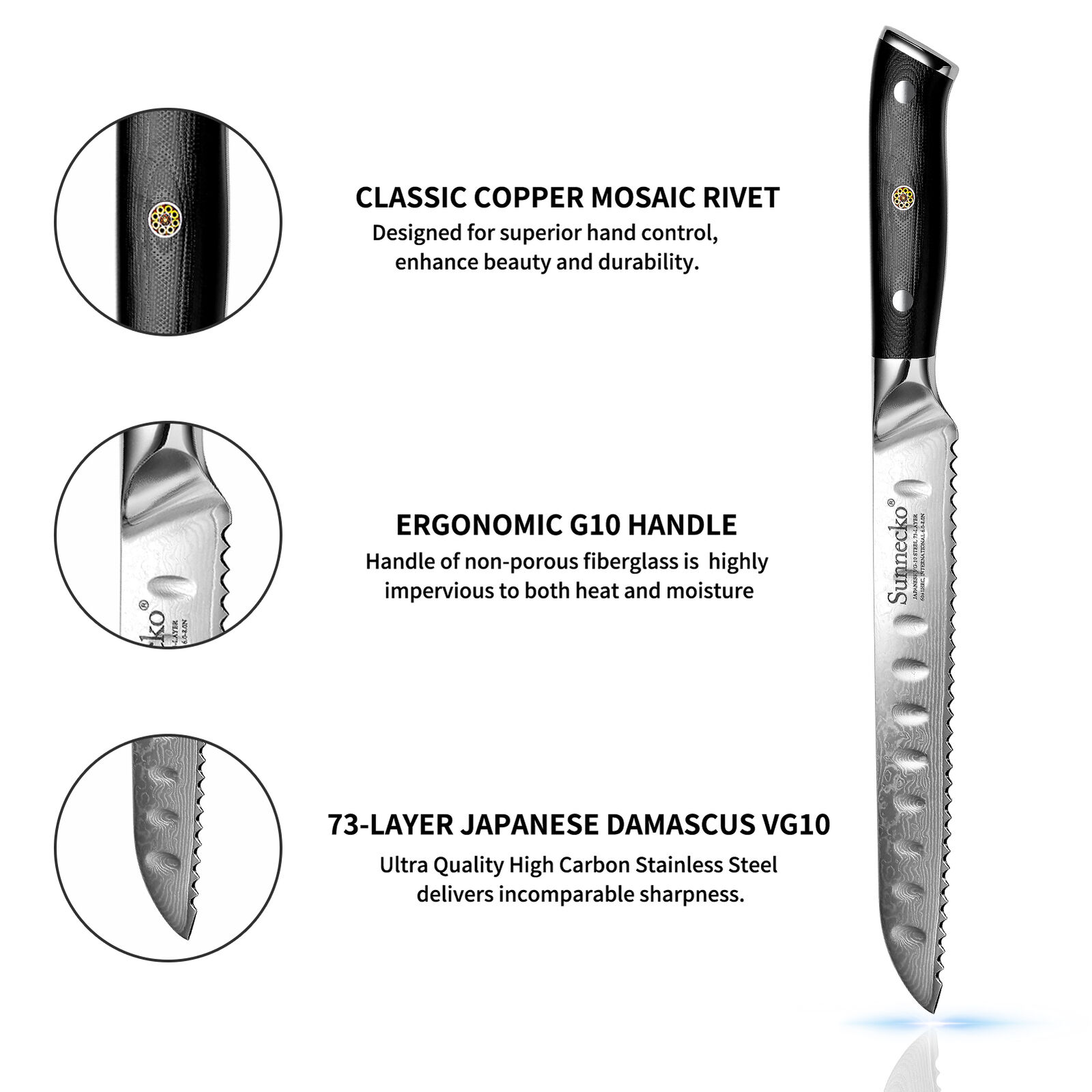 Sunnecko Serrated Bread Knife 8 Inch Damascus Steel Kitchen Sandwich Knife photo 2