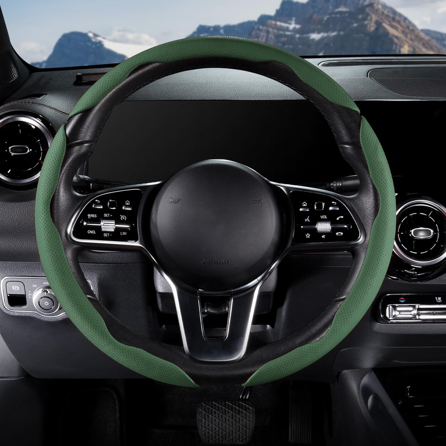Car Steering Wheel Cover - Leather Snap-on Three-piece Set - Anti-slip Protection Cover - Steering Wheel Control Accessory - Universal Model - Dark Green photo 4