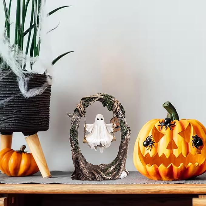 Halloween Ghost On Tree Swing Figurine Cute Swinging Ghost Statue For Desktop Shelf Mantel And Table Decor photo 3