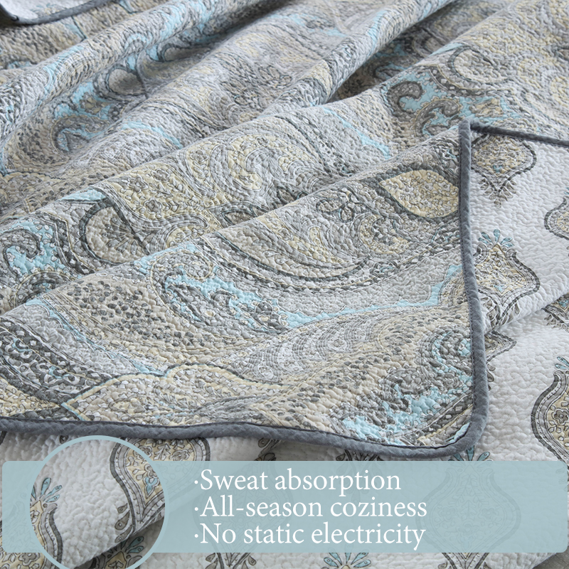3x Dense Quilting Anti-Static Fade Proof Machine Washable All Season Lightweight Bedding 3-Piece Gray Blue Paisley Damask Quilted Bedspread Set Cotton Filled Reversible Coverlet Skin-Friendly Soft photo 5