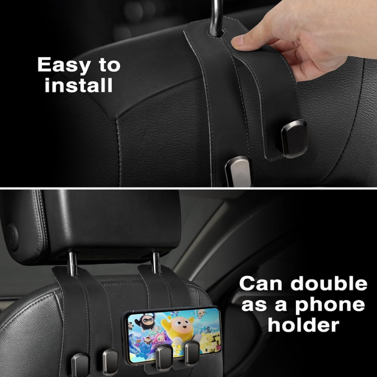 Car Hooks For Headrest, 2Pcs Seat Back Storage Hook Luxurious Leather Metal Multifunctional Car Hanger & Holder For Heatrest, Seat, Bag, Purse Black photo 2