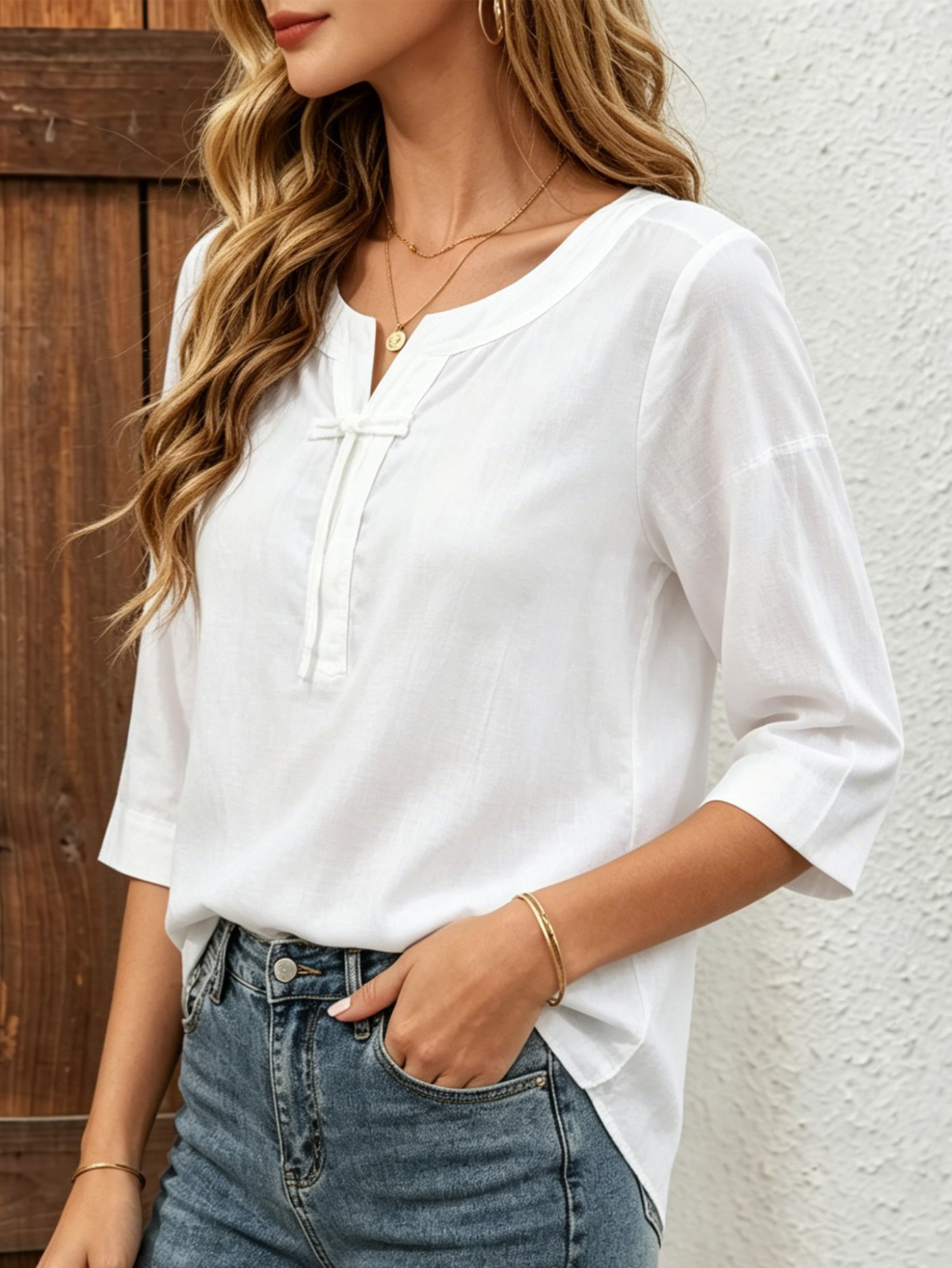 Women's Boho White Blouse For Women Half-Sleeve Tunic Top photo 6