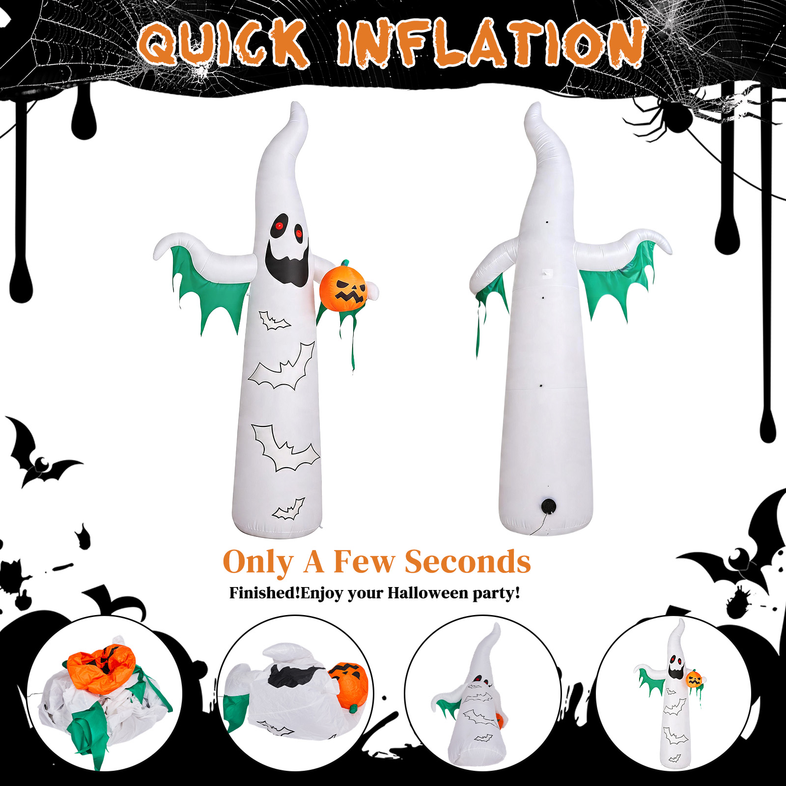 12ft Inflatable Halloween Decor With Flashing Bats & White Ghosts,4 LED Lights - 82 String Lights,White & Green,12V 1500mA US Power Adapter photo 3