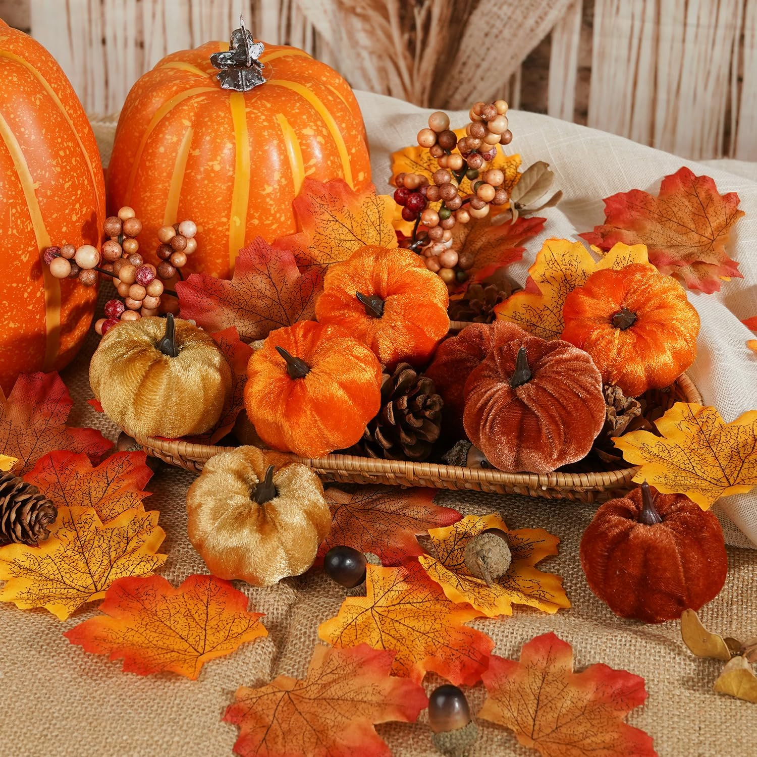 Artificial Fabric Pumpkins 51 Units, Fall Harvest Decorations With Acorns, Pinecones, Berries And Maple Leaves For Thanksgiving photo 2