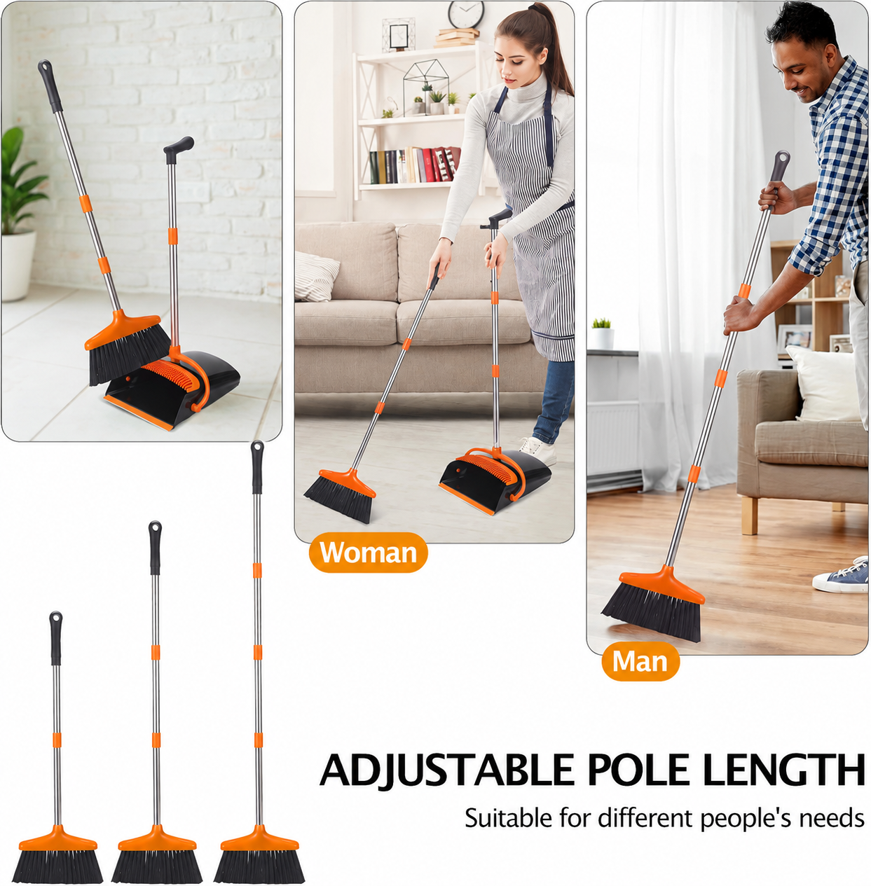 Broom And Dustpan Set, 54.33 Inches Long Handle, Upright Dustpan With Lightweight Stainless Steel Rod, Upright Dustpan, Suitable For Various Scenarios Such As Kitchen, Office And Cleaning Pet Dog Hair photo 3
