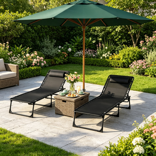 Black 2 Folding Chaise Lounge Pool Chairs For Poolside Tanning, Pillow, Breathable Mesh photo 3