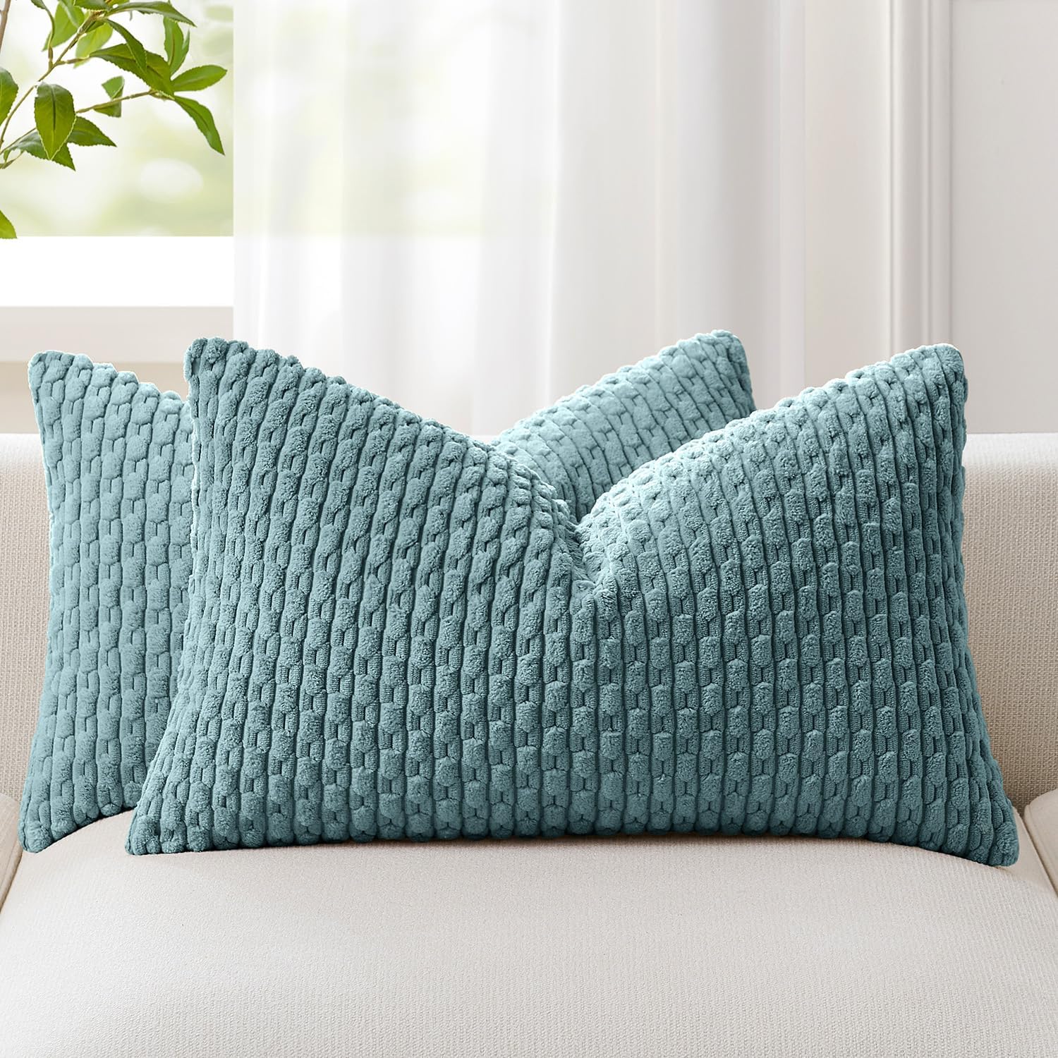 Blue Grey Corduroy Throw Pillow Covers 2 Units, 12x20 Inch Boho Striped Decorative Cushion Cases For Sofa, Couch And Bed photo 5