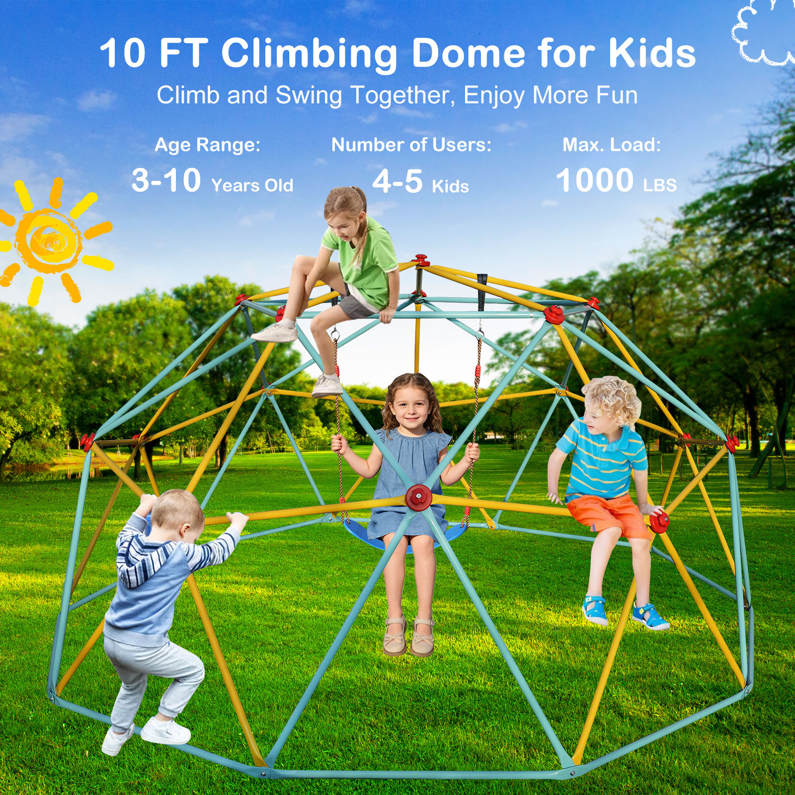 10 Foot Climbing Dome Children's Jungle Gym Suitable For Park Dome Mountaineers And Swing Playground Equipment, Blue photo 4