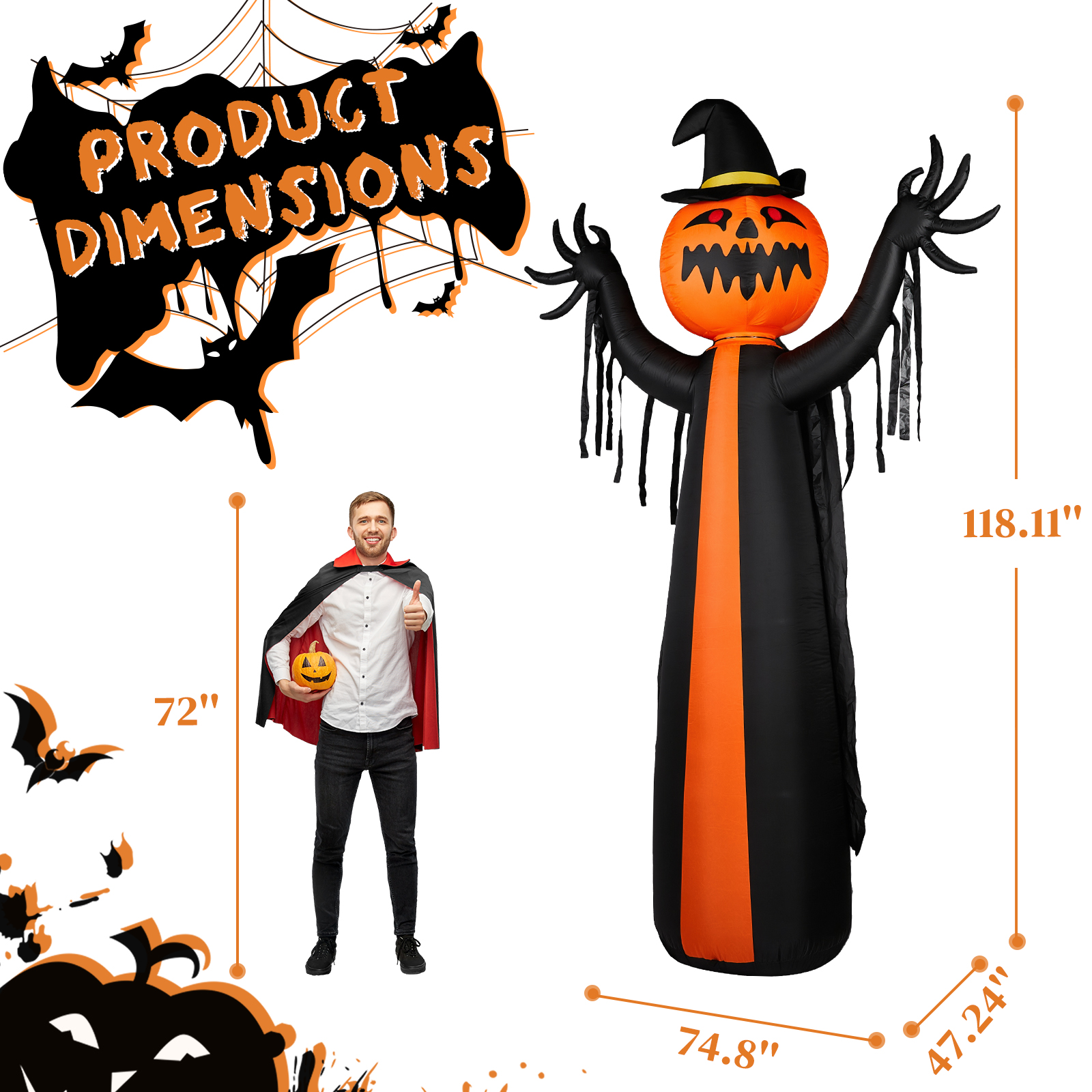 10ft Inflatable Halloween Decor With Rotatable Head Pumpkin Ghost In Cape,6 Built-in LED Lights,Black & Orange,12V 2000mA US Power Adapter photo 6