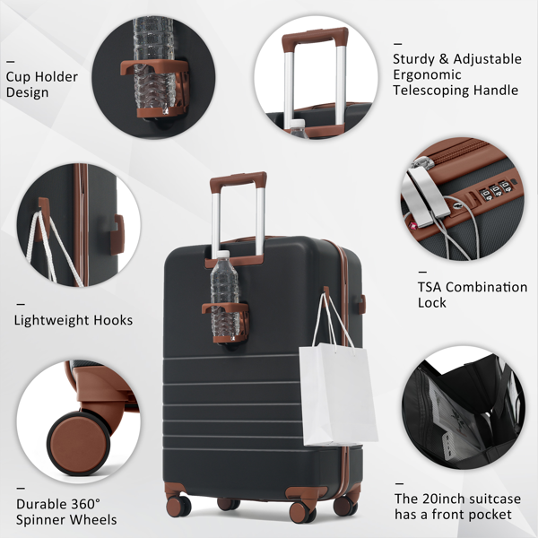 4-Piece Luggage Set With USB Charging Ports - 20in Carry-On Front-Opening For Laptop 28in Checked Suitcase With TSA Lock Travel Duffel Bag Wet-Dry Toiletry Bag, Black And Brown photo 7