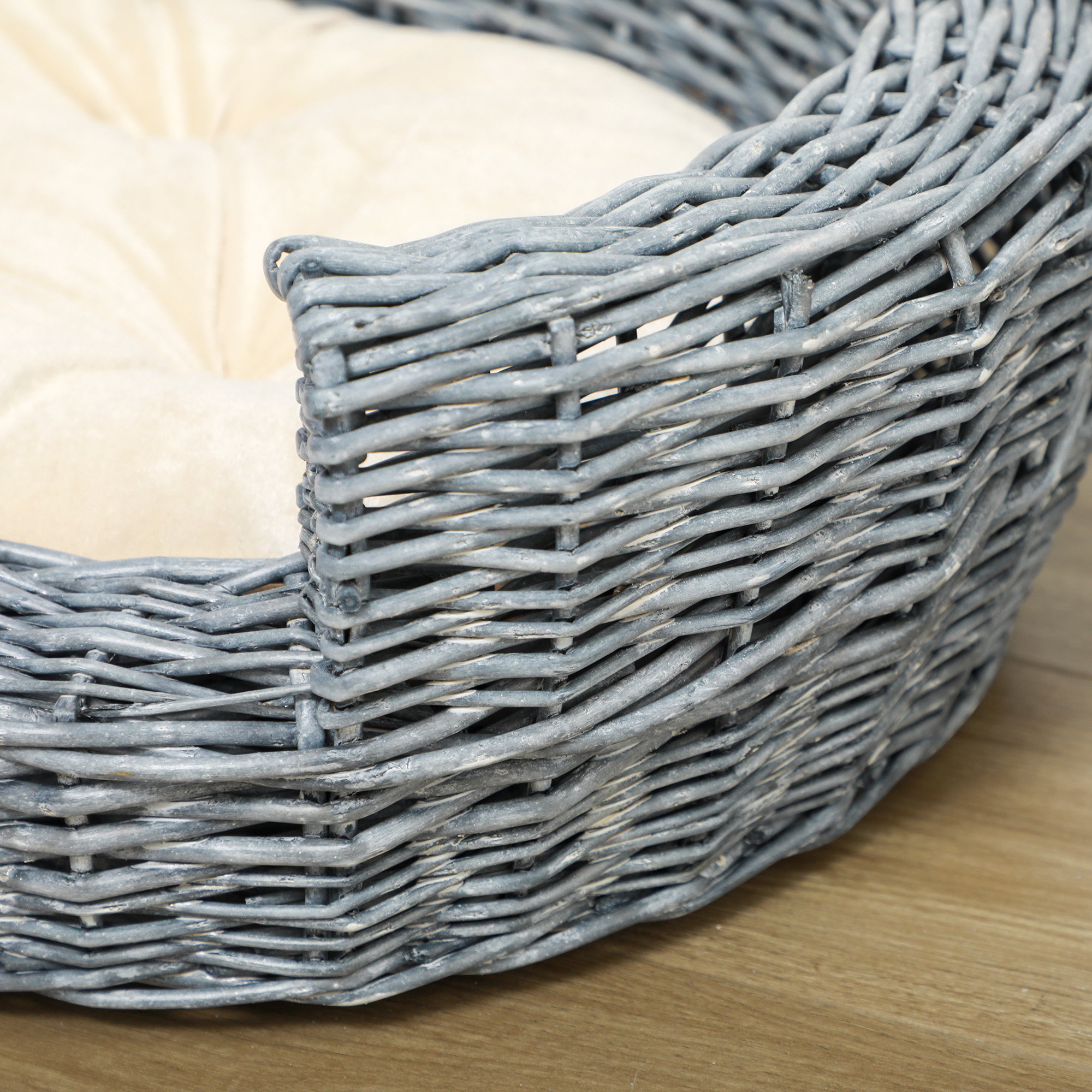 PawHut Wicker Pet Bed Willow Dog Cat Sofa Couch Puppy Basket With Cushion Grey 57L X 46W X 17.5H Cm photo 7