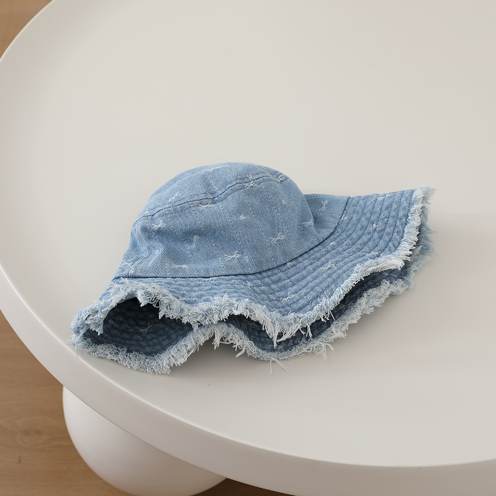 Full-printed Bow-shaped Heart Children's Denim Fisherman Hat, Washed And Distressed Fringed Bucket Hat For Outdoor Travel photo 2