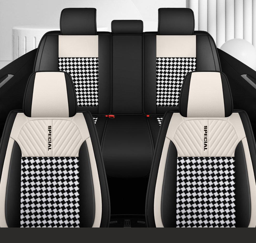 Light Luxury Nordic Style Classic Black White Checkered Plaid Car Seat Covers Full 5-Seat Set Breathable Soft Universal Auto Seat Cushion Protector For Vehicles photo 2