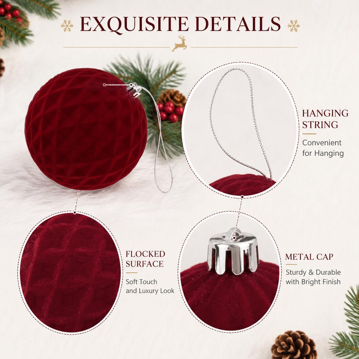 Burgundy Velvet Christmas Ball Ornaments 24 Units, 9 Designs 2.36 Inch Hanging Tree Decorations For Holiday Home Decor photo 4