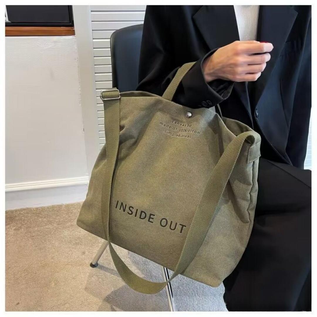 Thick Canvas Large Capacity Lightweight Tote Bag Retro Diagonal Cross Canvas Bag - Green Out photo 4