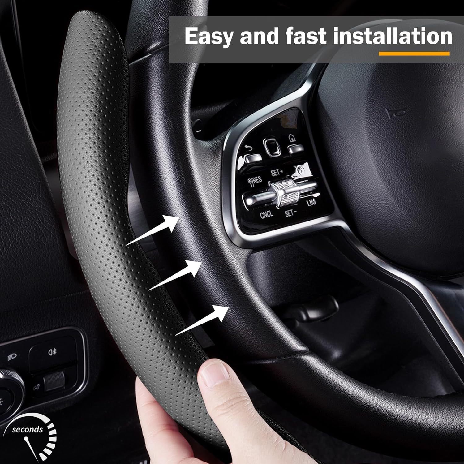 Car Steering Wheel Cover - Leather Snap-on Three-piece Set - Anti-slip Protection Cover - Steering Wheel Control Accessory - Universal Model - Black And Gray photo 2