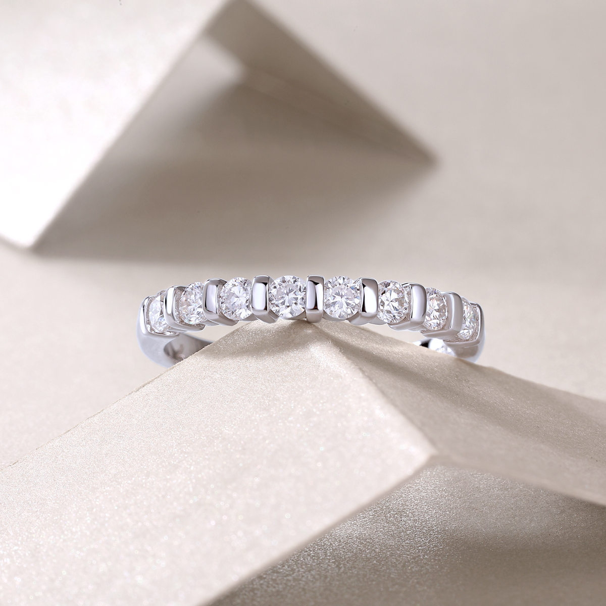 S925 Silver 2.1g Platinum Plated Moissanite Ring, 2.8mm 8pcs D VVS1 Half Eternity Band, GRA Certified US 5-9 photo 2